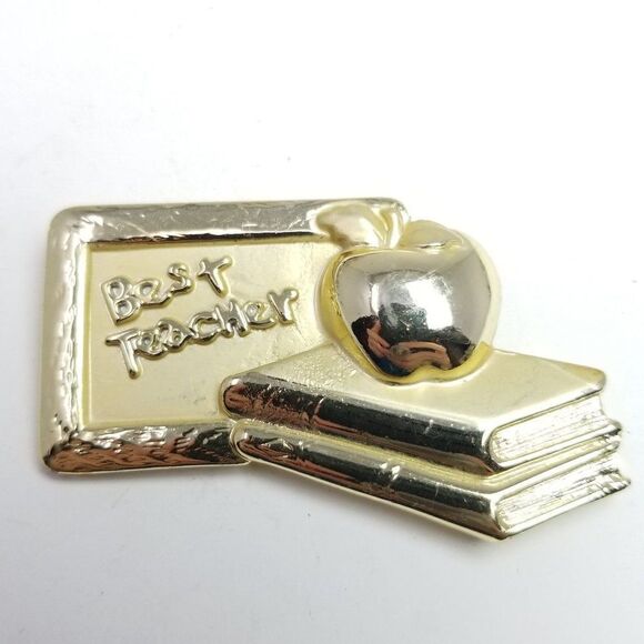 Vintage OAJC Signed Best Teacher Brooch, Gold Tone Books Apple Chalkboard Pin - Picture 1 of 6